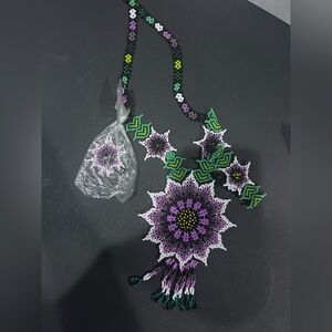 Large Handcrafted Beaded Floral Necklace, Earrings & Bracelet Set